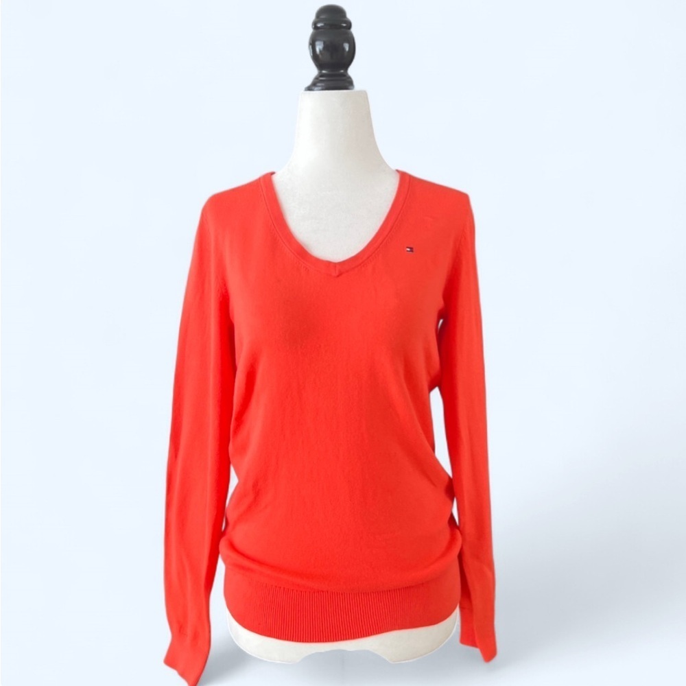 Tommy Hilfiger Coral Orange Pima Cotton V-Neck Preppy Sweater Small